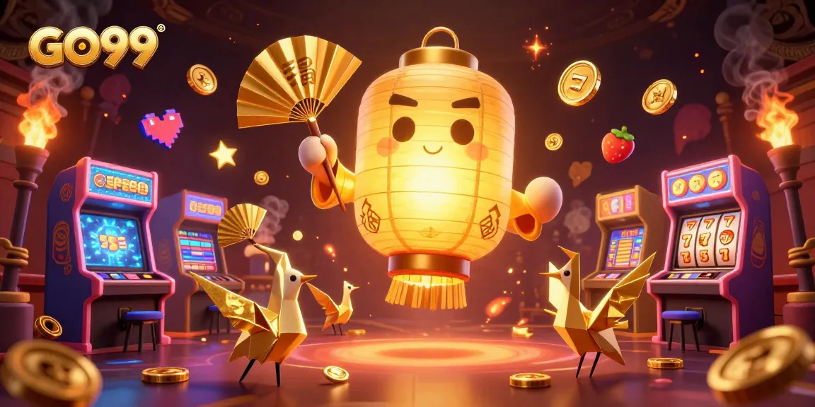 Engage with the thrilling gaming experience of GO99 at a vibrant casino scene with golden elements and exciting arcade games.