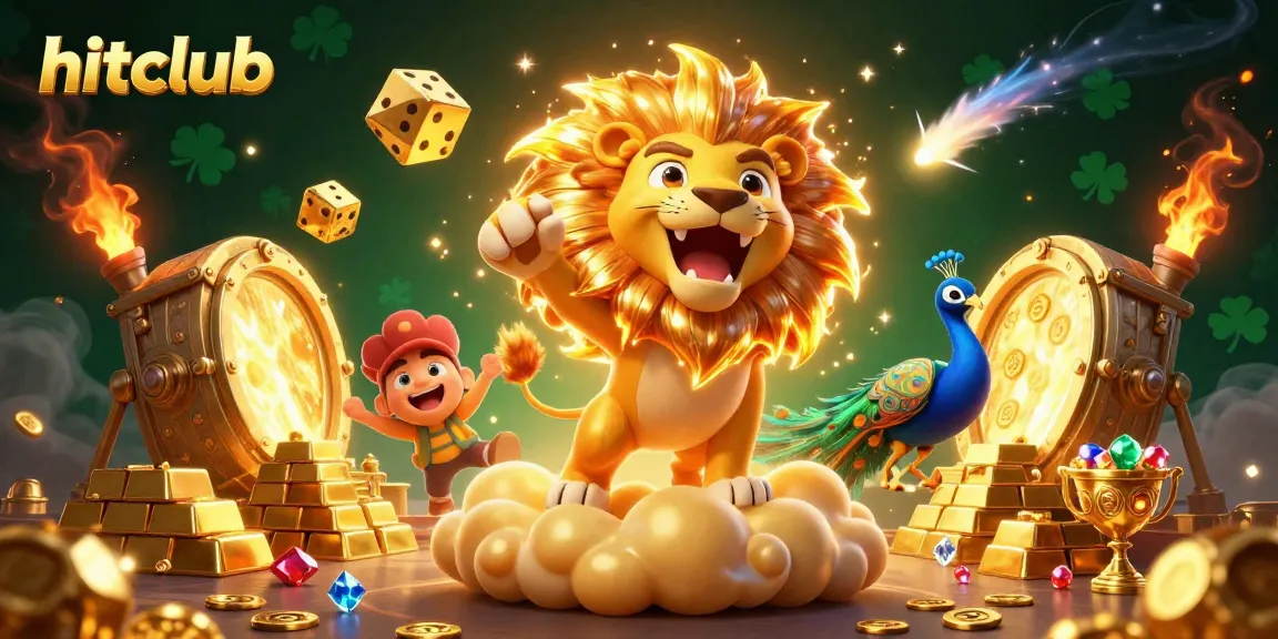 Experience excitement at hitclub with a roaring sun lion and golden treasures in a vibrant casino scene