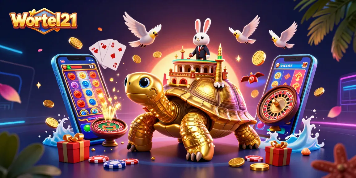 Spin and win at Wortel21 with a lively casino-themed illustration featuring golden tortoise and rabbit dealer.