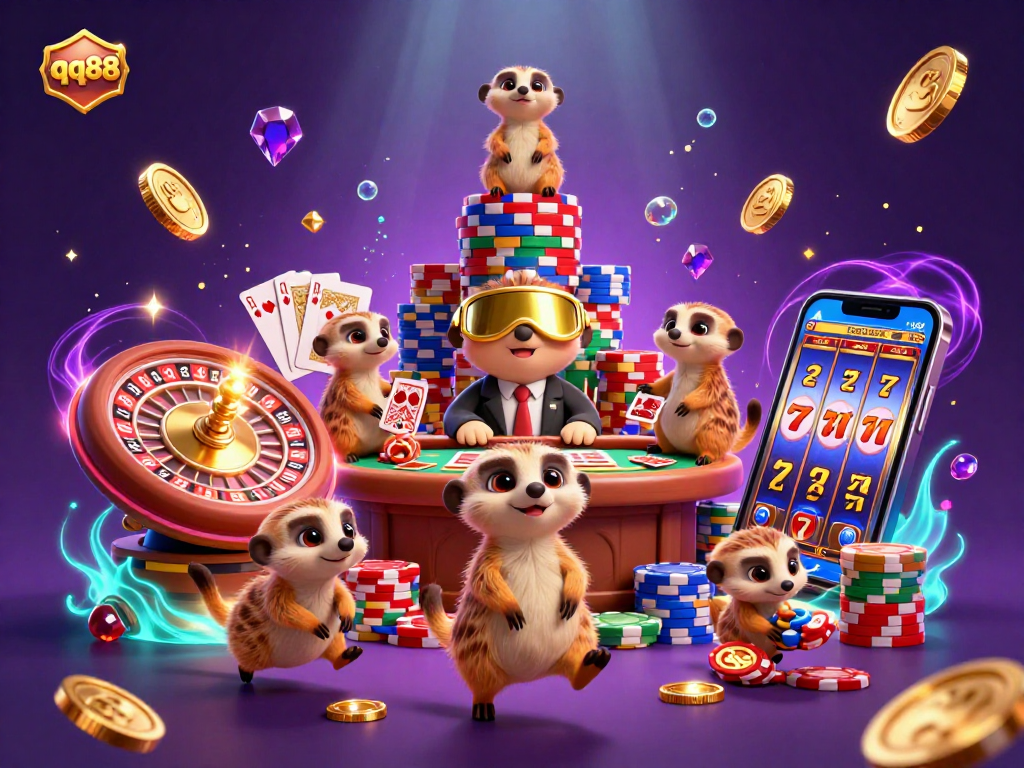 Experience the excitement of qq88 with meerkats running a vibrant casino, showcasing spinning roulette and gleaming chips.