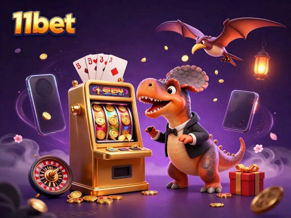 Experience the dynamic excitement of 11bet with a cartoon dinosaur winning coins from a slot machine.