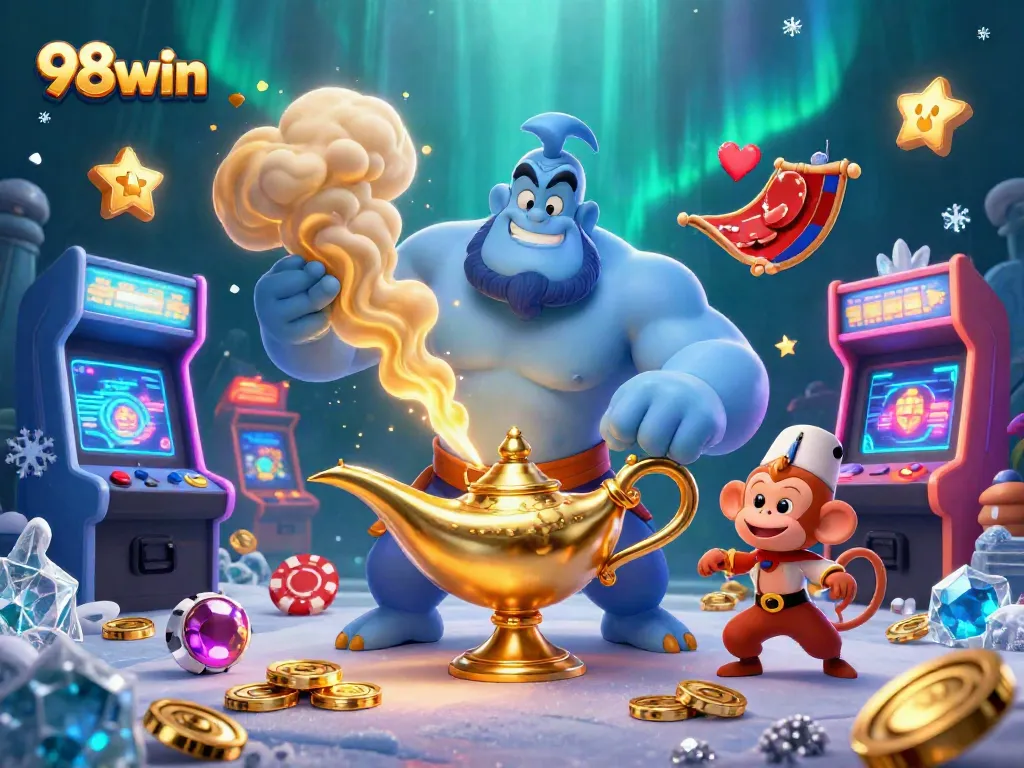 Engage in thrilling casino adventures with the 98win genie, poker chips, and vibrant gaming scene.