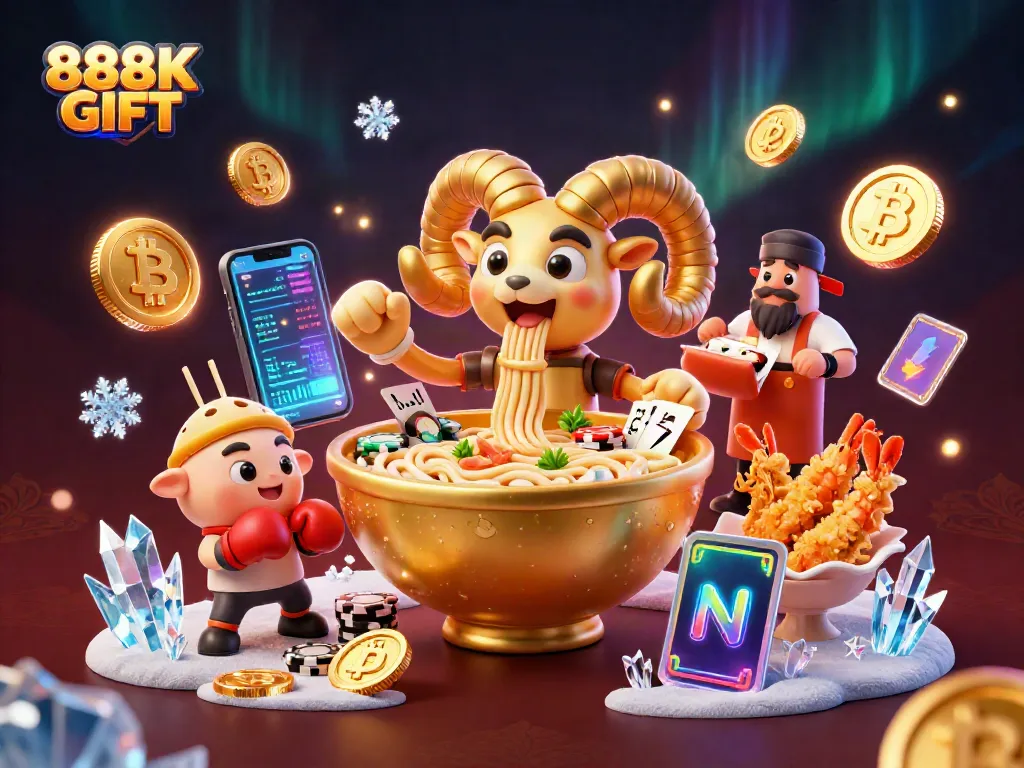 Showcase a vibrant gaming scene with 888K GIFT elements, featuring a giant ramen bowl dealing cards and rich casino themes.