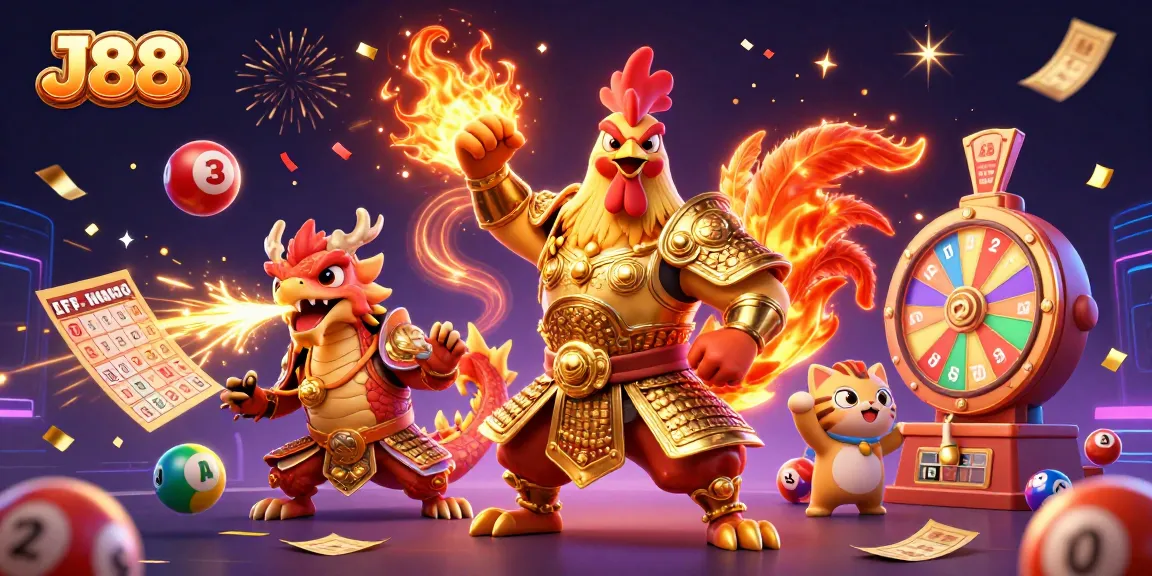 Engage with J88 in an exhilarating 3D scene featuring a fighting rooster, dragon hatchling, and lottery elements.