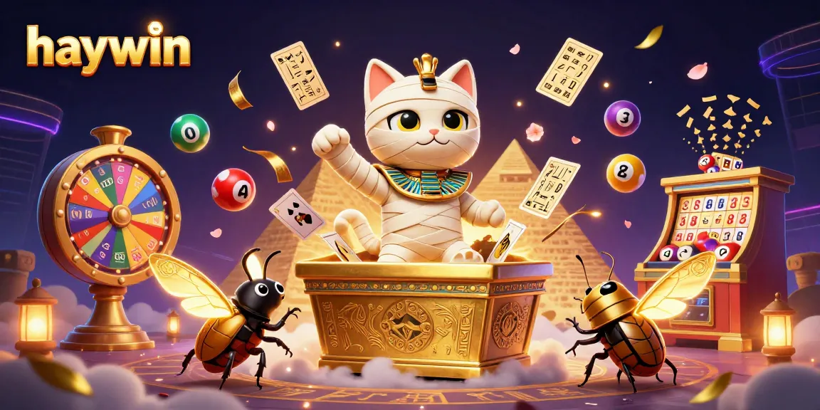 Experience the excitement of haywin with a lively mummy cat and vibrant lottery elements in a dynamic casino scene.