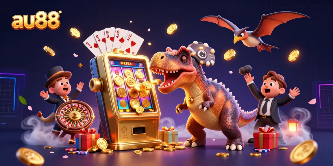 Engage with au88's thrilling jackpots as a dinosaur wins big at a vibrant casino.