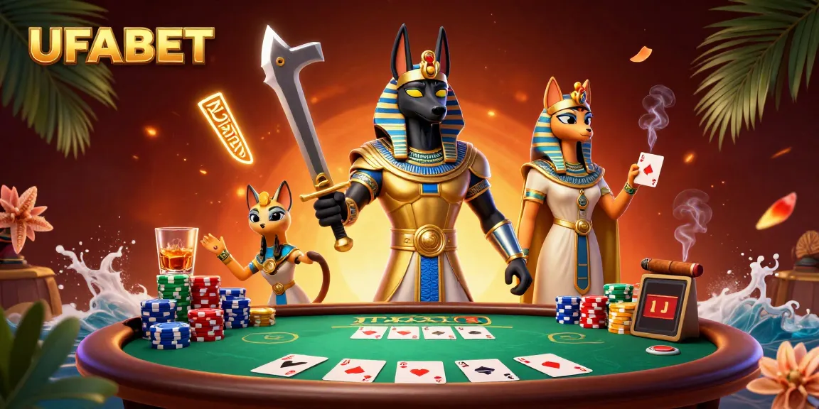 Play poker at UFABET with an epic scene featuring Anubis and Bastet among casino elements.