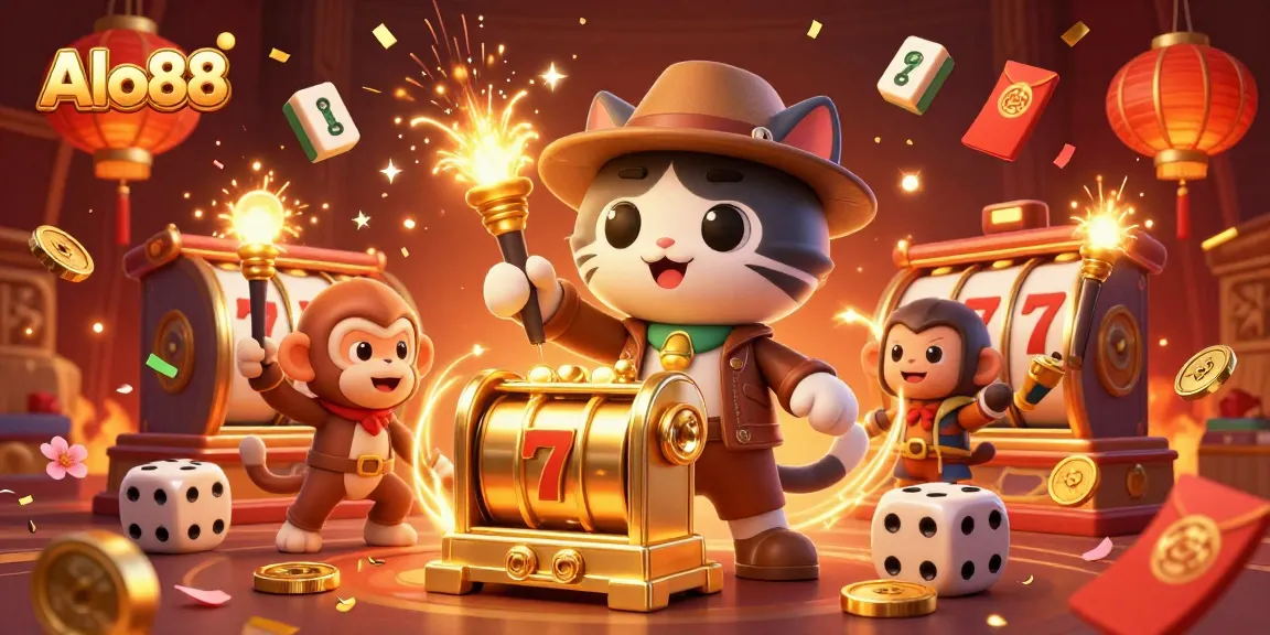 Alo88 brings excitement to life in a vivid 3D illustration showcasing slots, poker tables, and fortune elements.