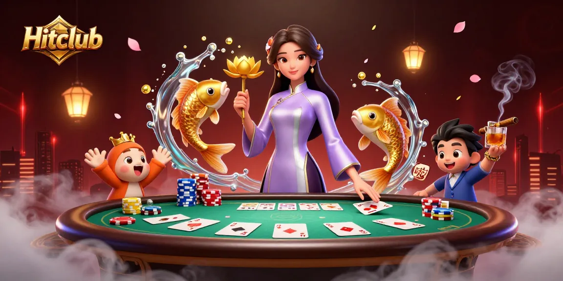 Experience the thrill of gambling with Hitclub in a vibrant, energetic casino scene featuring poker and koi fish.