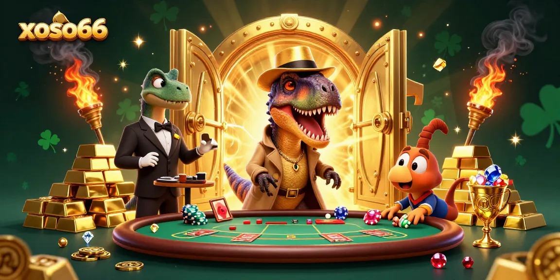 Experience thrilling blackjack with xoso66 in this dynamic casino scene featuring cartoon dinosaurs.
