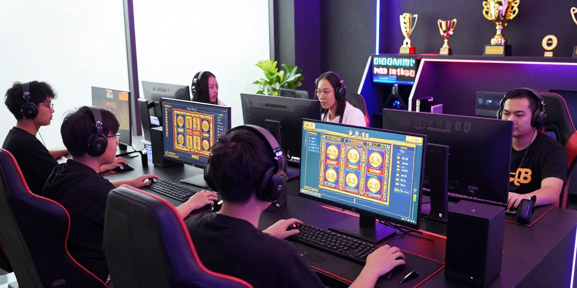 Permainan megawin88 online dengan pemain bersemangat, layar slot dan togel yang menarik, suasana energik.