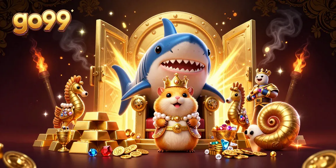 Engage in thrilling action with go99's golden rewards surrounded by gems and treasures.