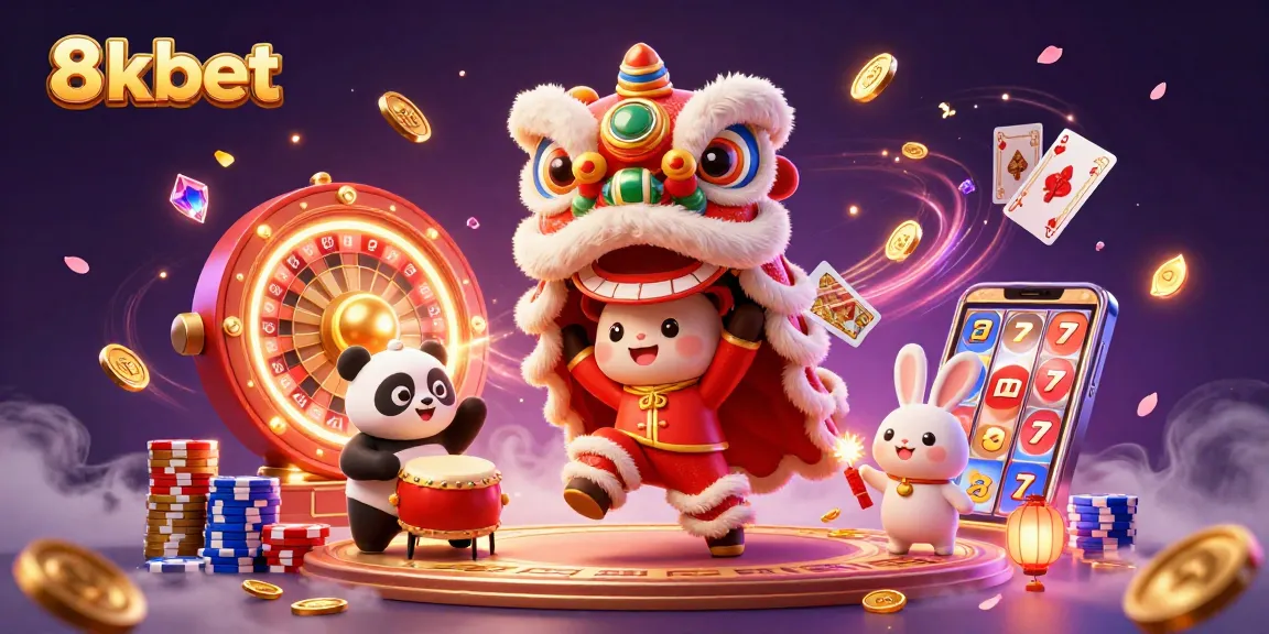 Experience the thrill of 8kbet with a vibrant lion dance scene filled with coins and cards!