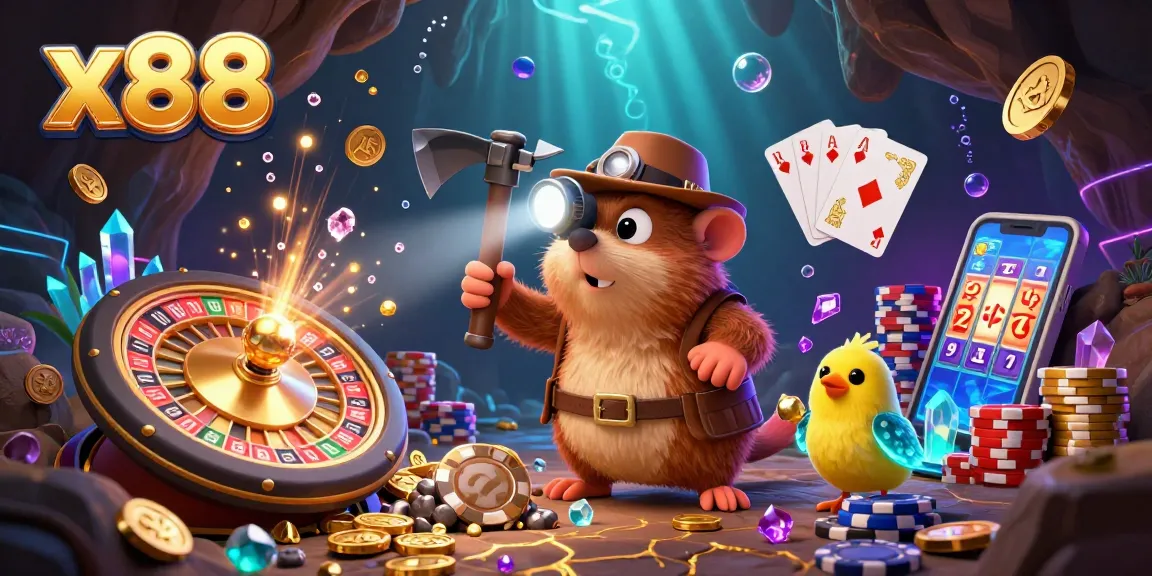 x88 engages players with a vibrant 3D mining adventure filled with gold coins, casino gems, and dynamic gaming elements.