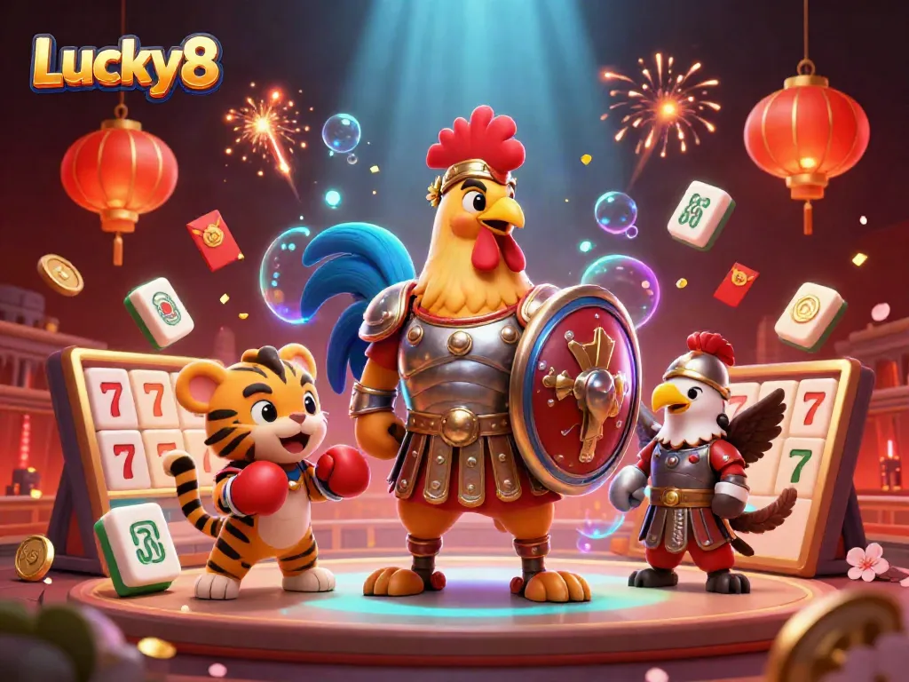 Experience the excitement of Lucky8 with a vibrant 3D casino-themed illustration featuring roosters and lucky symbols.
