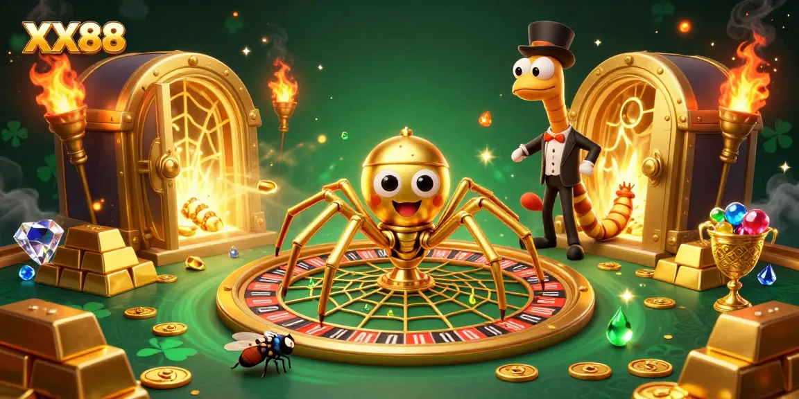 Engage with the thrilling world of XX88 as a golden spider spins a roulette wheel, captivating players.