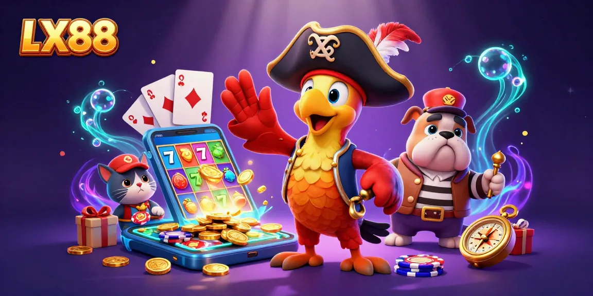LX88 slots gameplay with a pirate crew including a parrot, bulldog, and ship's cat amidst casino-themed elements.