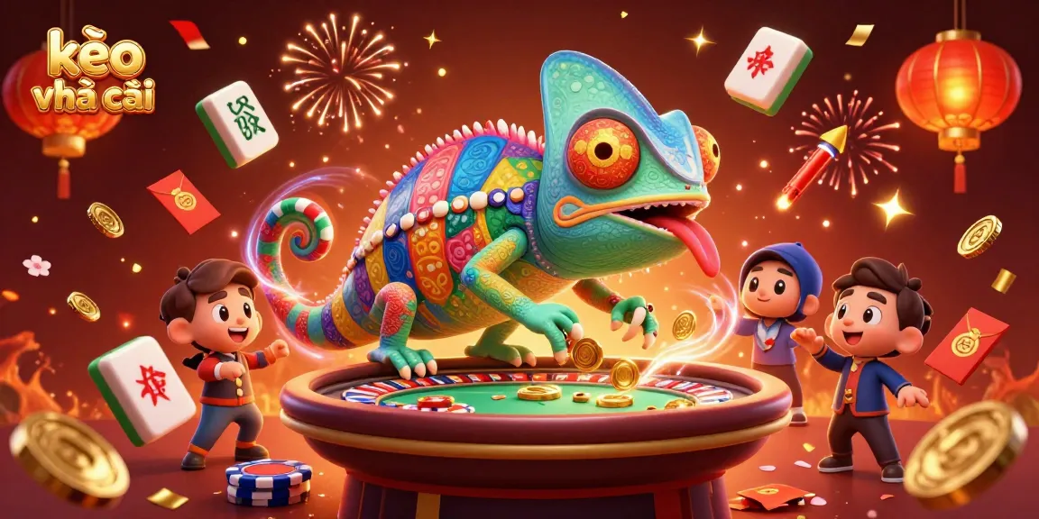 Experience the excitement of kèo nhà cái with a vibrant casino scene featuring a chameleon owner gathering golden coins.
