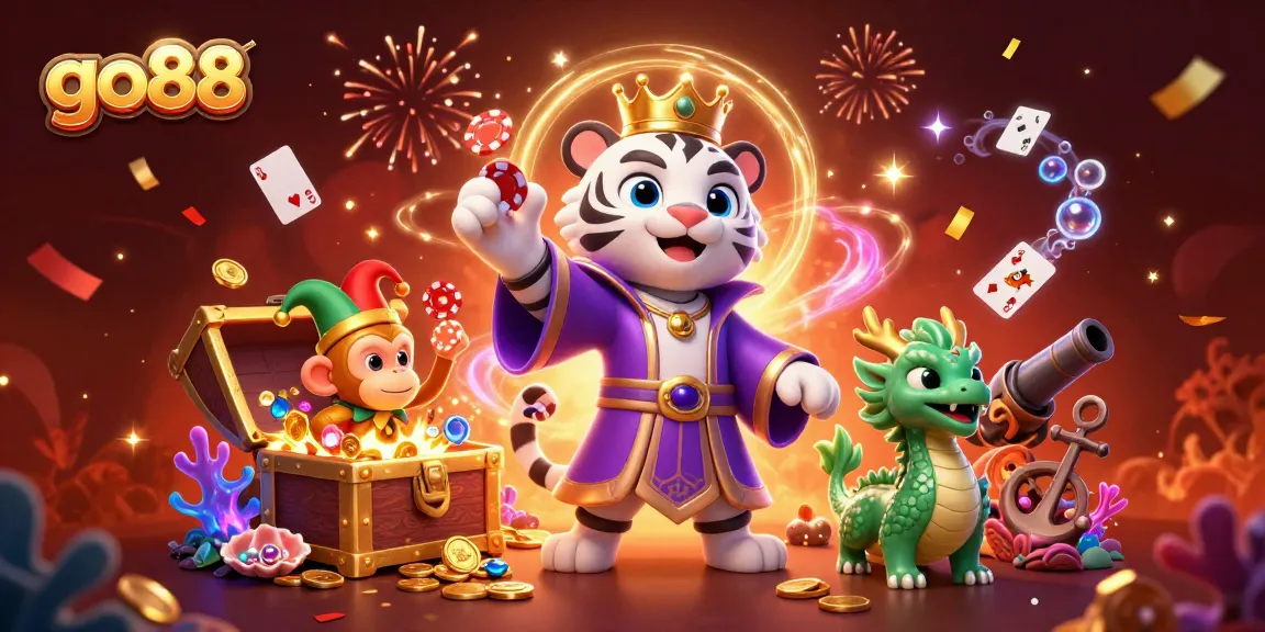 Experience go88's thrilling casino adventure with an elegant tiger, jester monkey, and jade dragon.