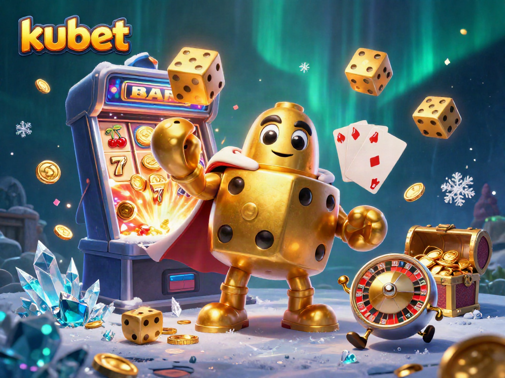 Kubet showcases a vibrant animated casino scene with golden dice and a jackpot slot machine.