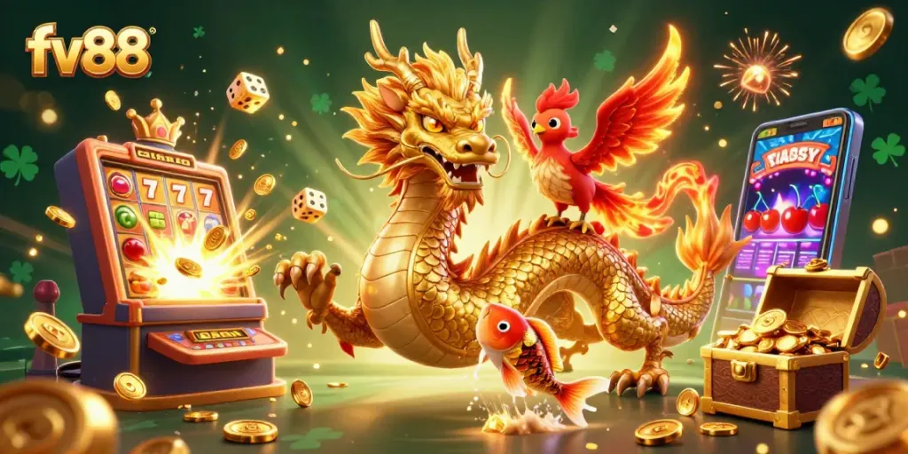 Engage with the thrilling world of fv88 online gaming, featuring a dynamic dragon, phoenix, and koi fish scene.