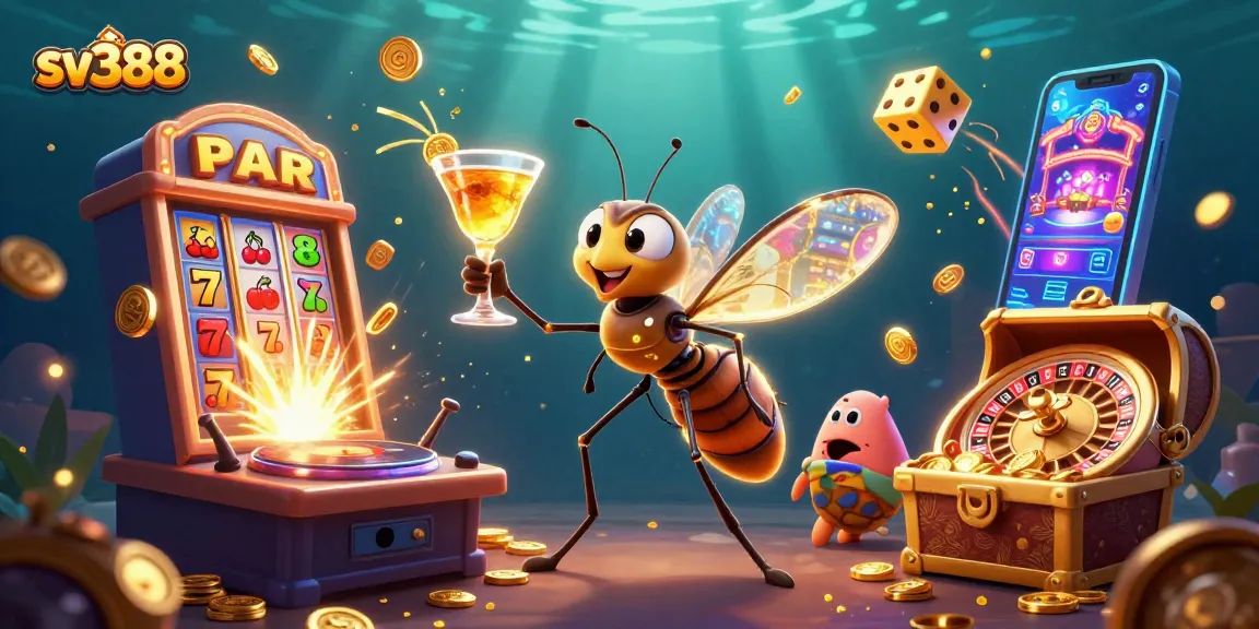 Experience thrilling sv388 gaming with dynamic casino elements and mascots in vibrant illustration.