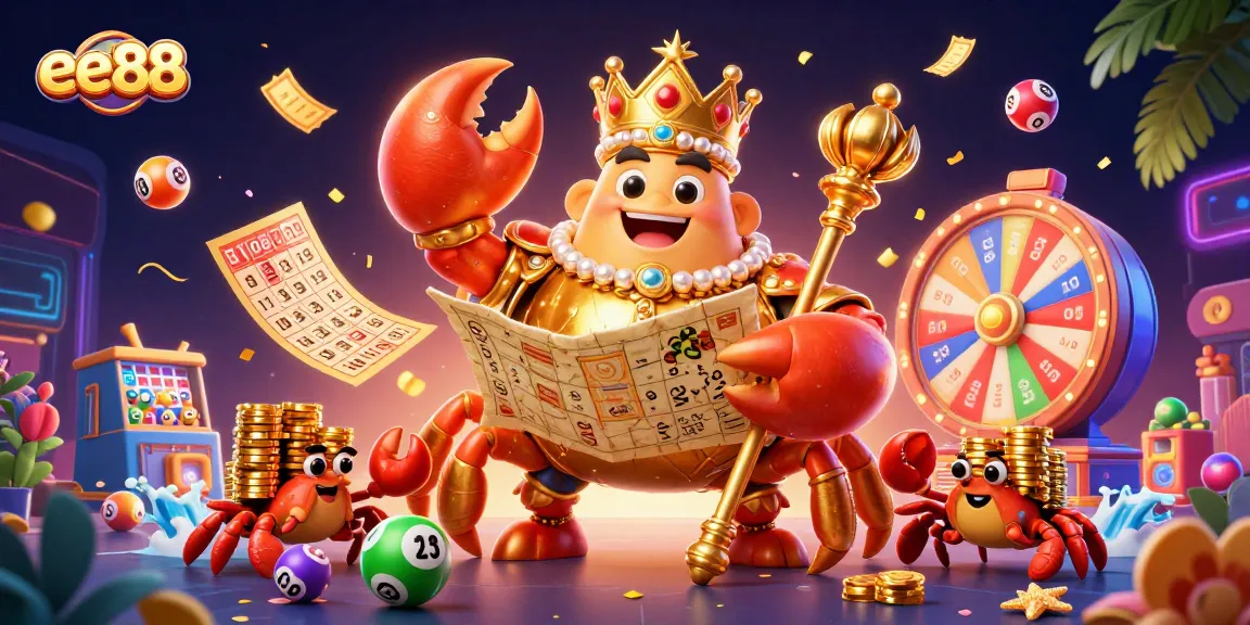 Engage with ee88's vibrant casino scene featuring a golden crab emperor and lottery elements.