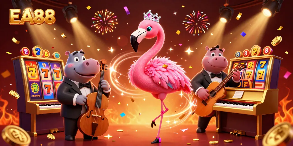 Play casino games at EA88 with vibrant visuals of a flamingo singer and hippo bassist.