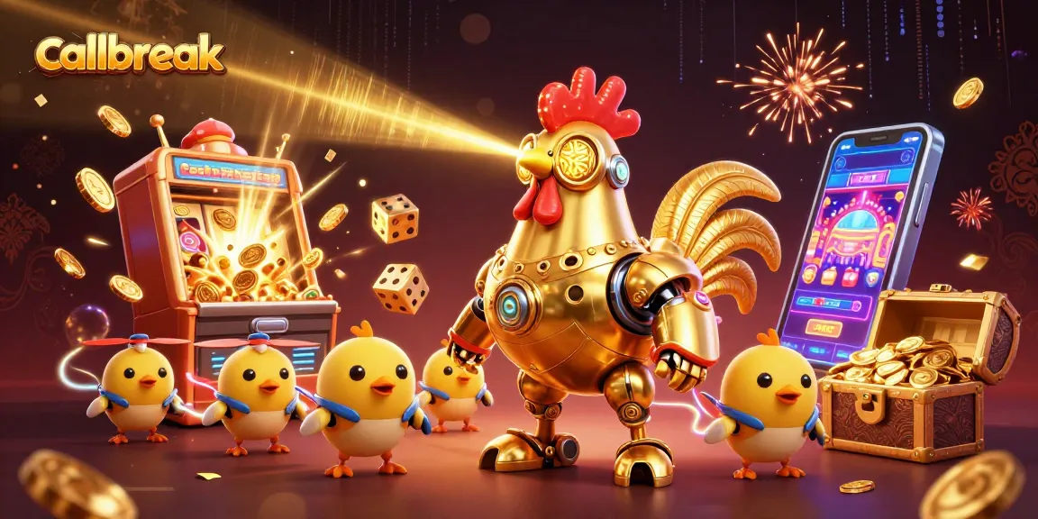 Engage in exciting Callbreak action with a futuristic golden rooster robot and baby chick drones