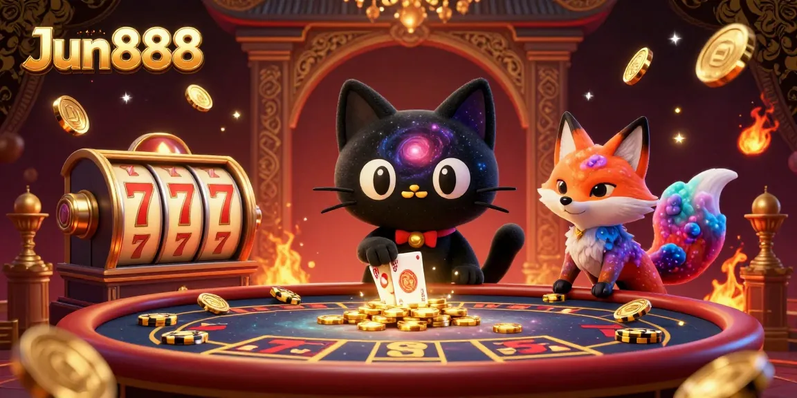Experience thrilling gameplay with Jun888 at a cosmic casino, featuring a black hole cat and colorful characters.