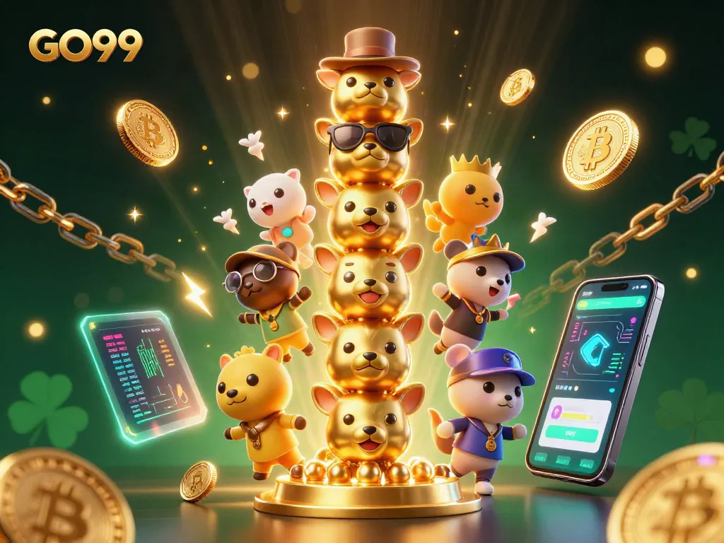 Engage in the world of GO99 with a vibrant cartoon illustration of a golden totem and crypto elements