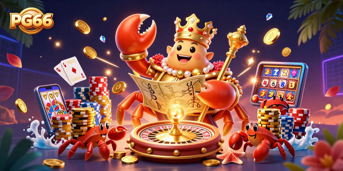Experience excitement with PG66's golden crab emperor amidst casino treasures and winning moments.