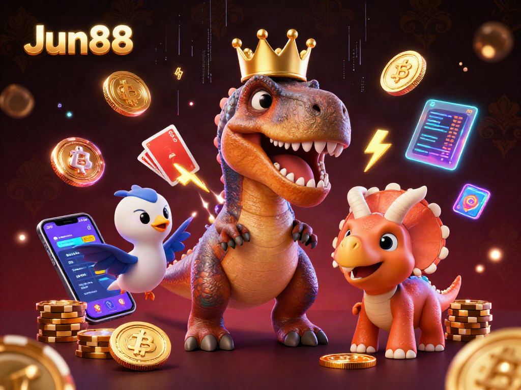 Engage with exciting gameplay at Jun88 with a cartoon T-Rex and colorful crypto elements.