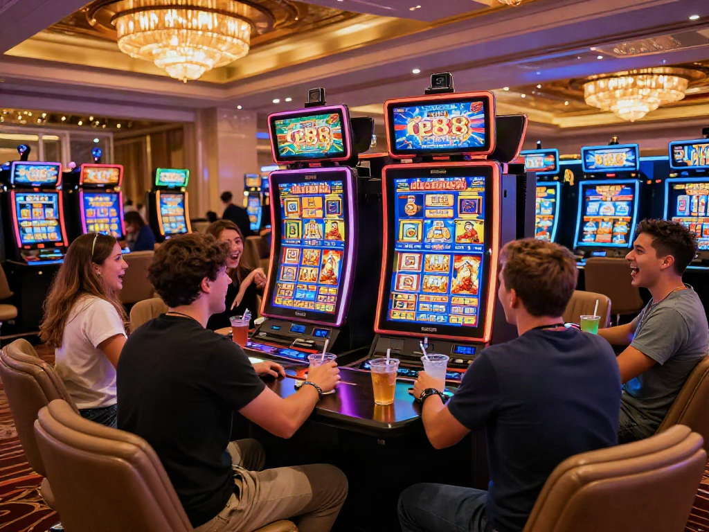 Exciting slot88 gaming scene, friends at colorful casino machines celebrating wins in a vibrant atmosphere.