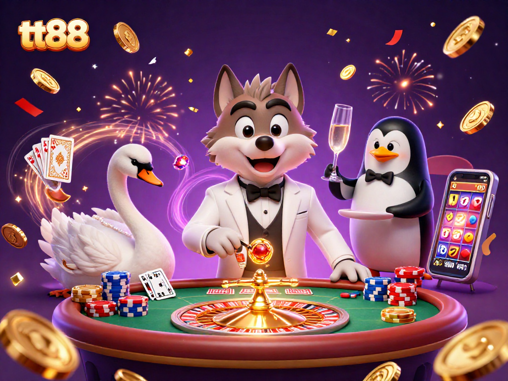 tt88 casino illustration featuring a wolf, swan, and penguin amidst stunning gaming elements.