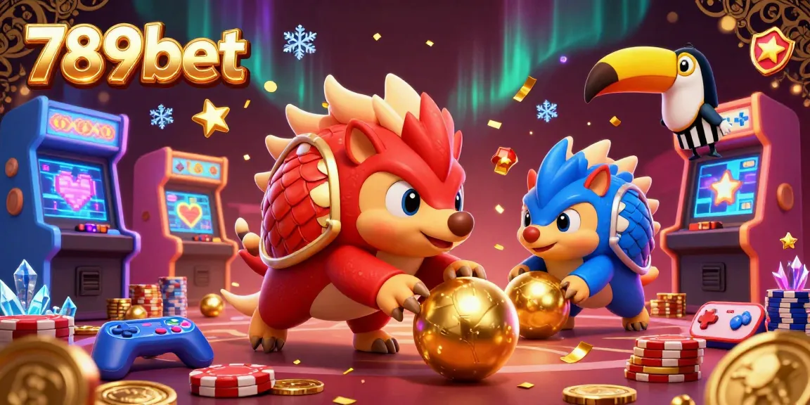 A captivating scene of pangolins engaging in a gambling game at 789bet with colorful casino elements and a toucan referee overseeing.