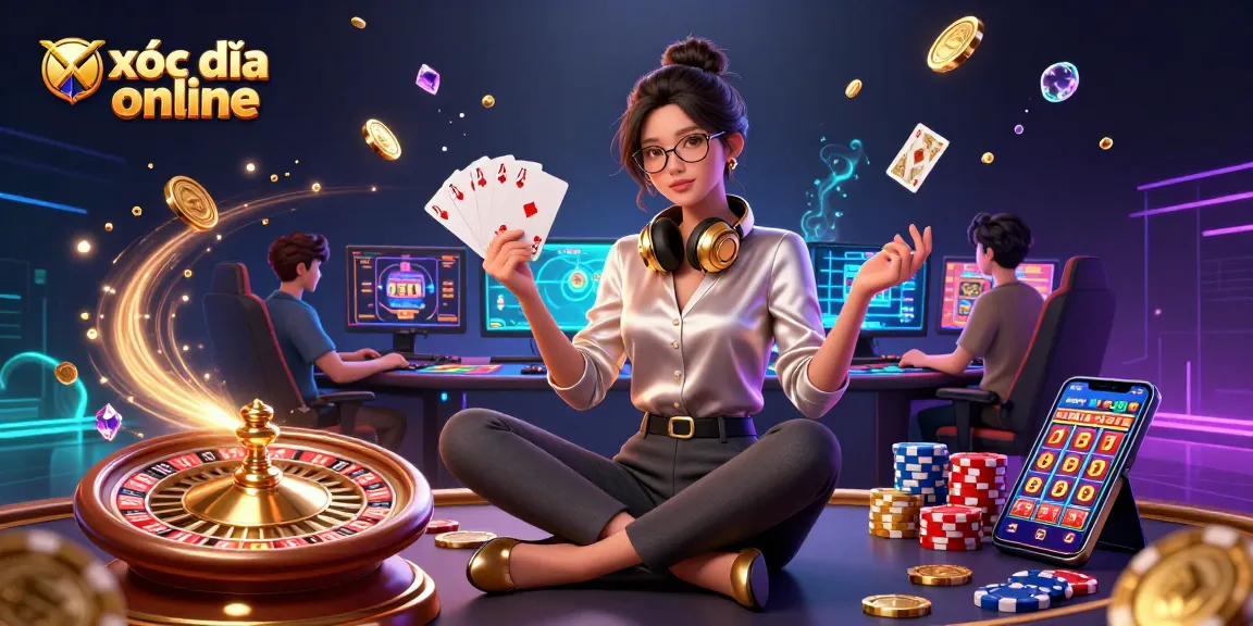 Experience xóc đĩa online with a skilled gamer at a vibrant casino setup surrounded by golden coins and cards.
