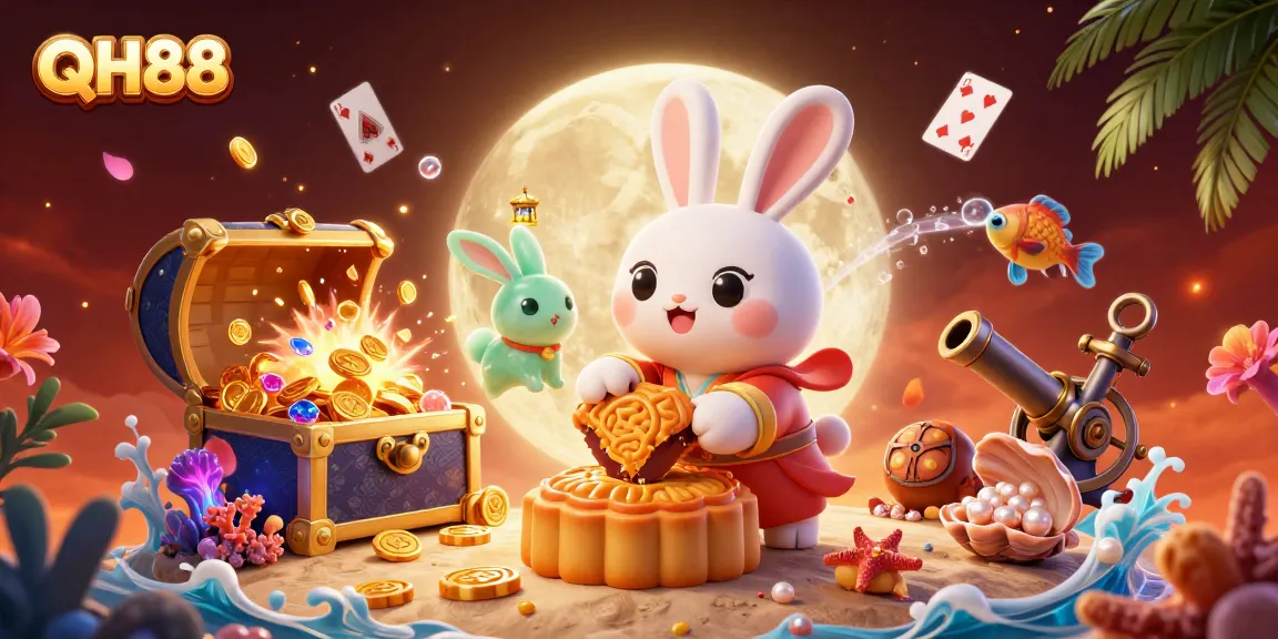 Experience the excitement of QH88 with the moon rabbit and golden treasures in a vibrant scene.