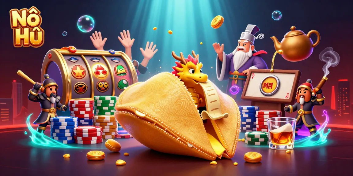 Nổ Hũ slot game captivating scene with a golden cookie, dragon, and poker elements.