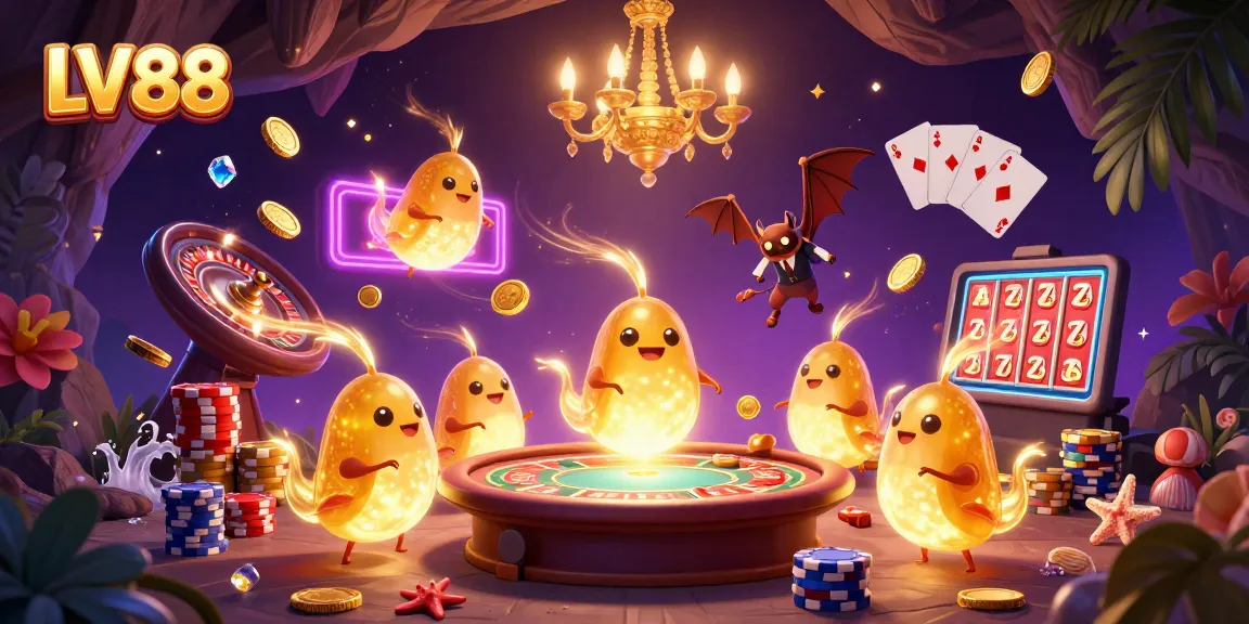Experience excitement at LV88 with a glowworm-lit cave casino illustration featuring vibrant gaming elements.