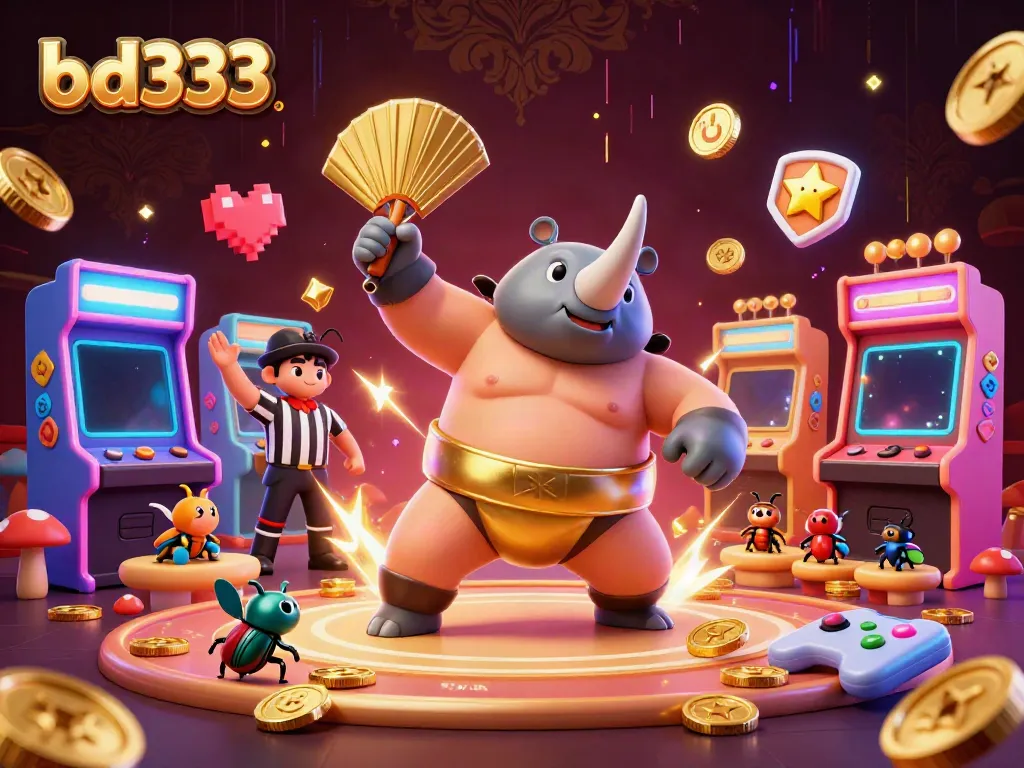 Experience thrilling wins at bd333 with a dynamic scene of a rhinoceros beetle champion and playful cricket referee in a colorful casino.