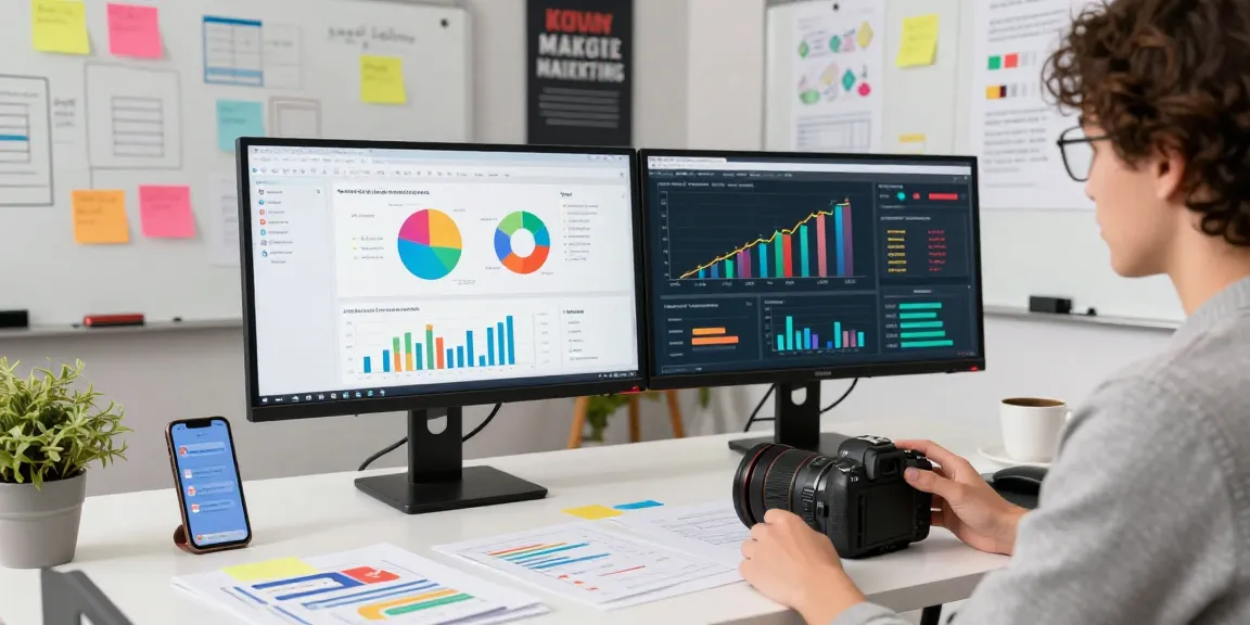 Marketing strategist analyzing data trends for KO66 campaigns in a modern office.