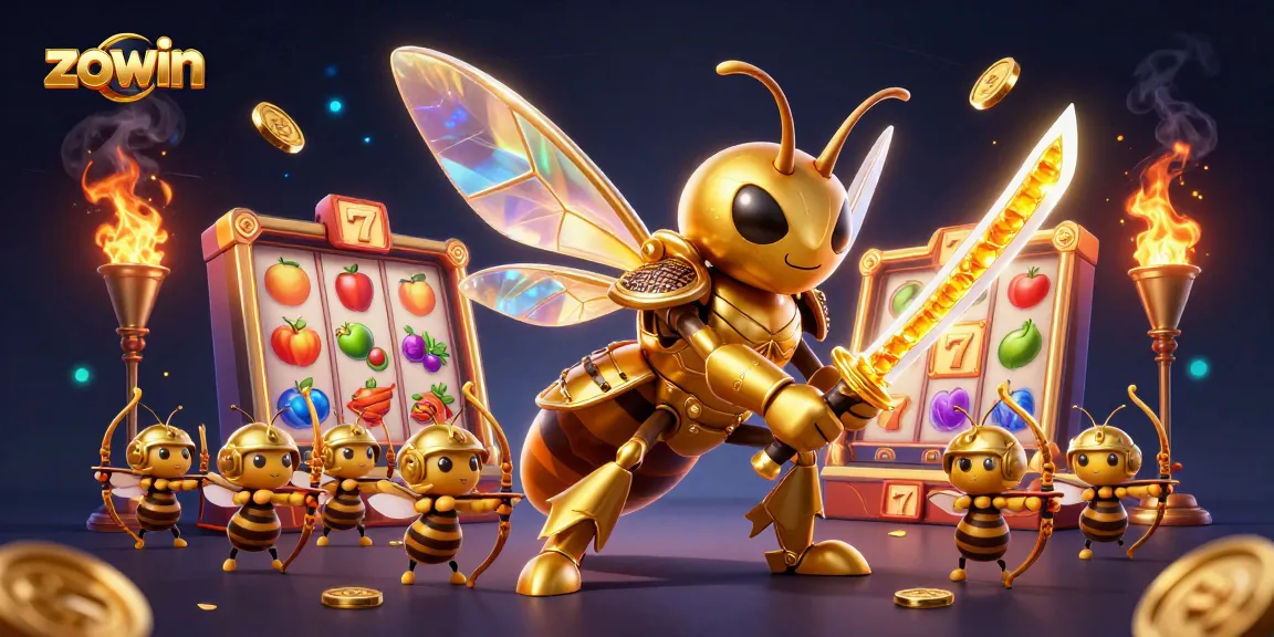 Zowin slots illustration featuring a giant hornet with katanas and bee archers in action.