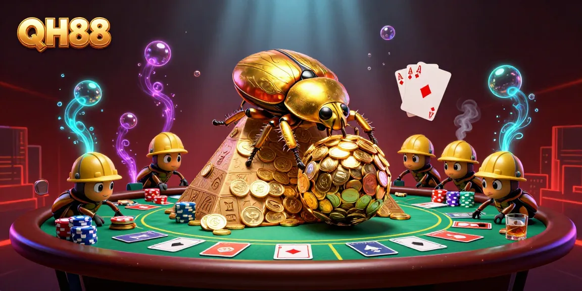 Experience the vibrant QH88 casino scene with a golden beetle rolling coins amidst poker excitement.