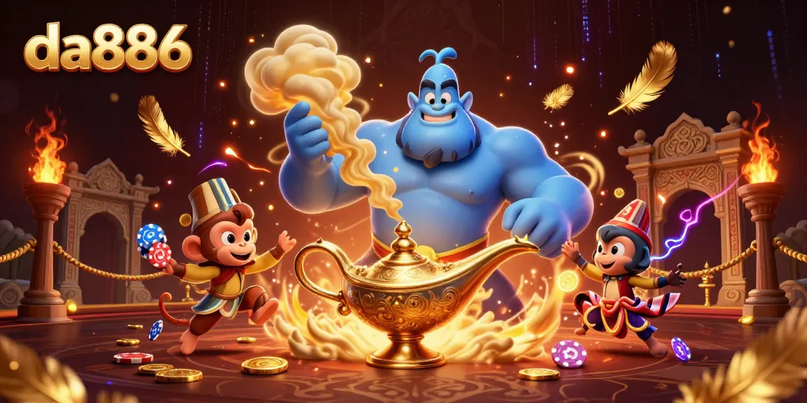 Experience the magic of da886 with a dazzling 3D casino scene featuring genies and poker chips.