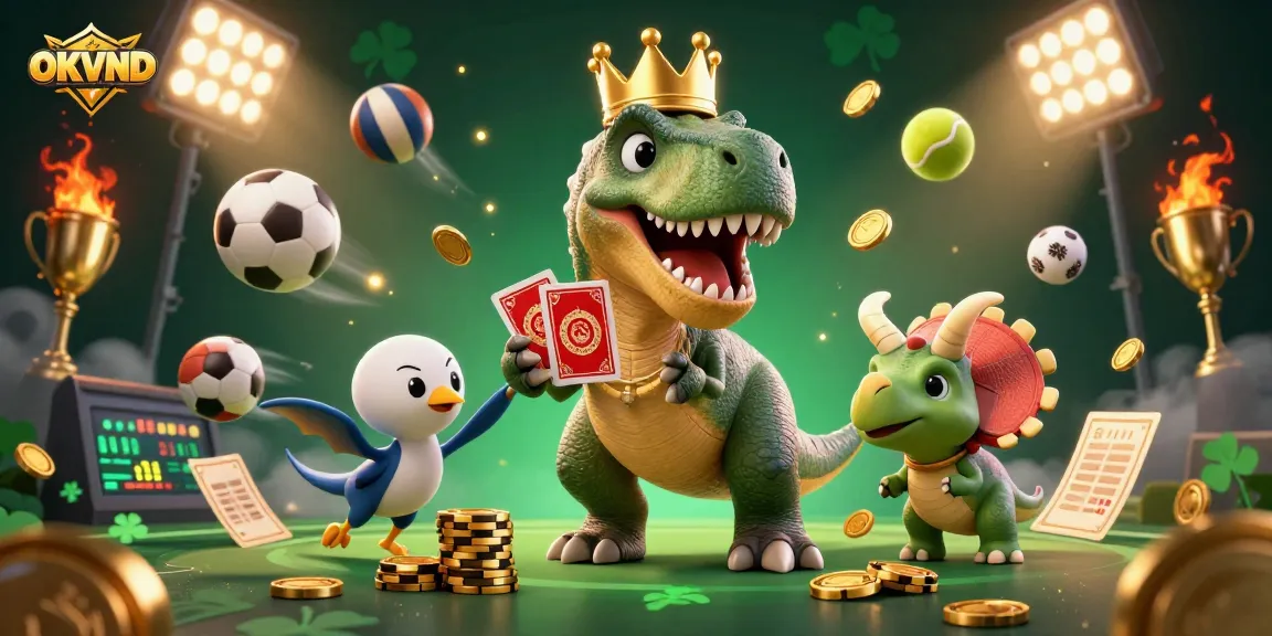 Experience exciting betting strategies at OKVND with cartoon dinosaurs in a vibrant casino scene.