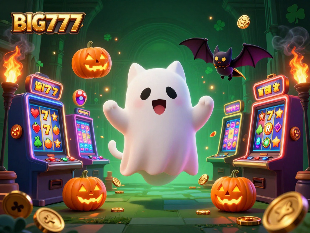 Engage with BIG777 as a friendly ghost cat explores a haunted casino filled with slot machines.