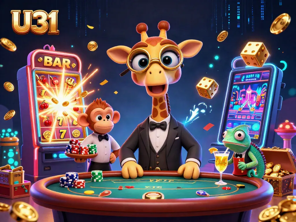 Engage in thrilling U31 gaming with a high-roller giraffe and vibrant slot machine visuals.