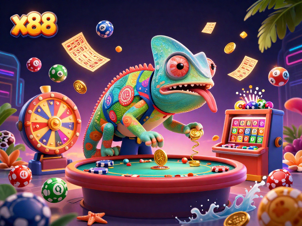 x88 casino owner chameleon interacts with vibrant gaming elements in a dynamic illustration