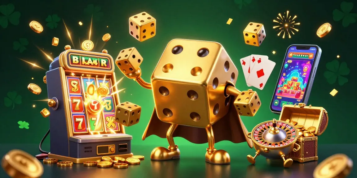 Engage in thrilling gameplay at Ok9 with golden dice, slot machines, and vibrant casino graphics.